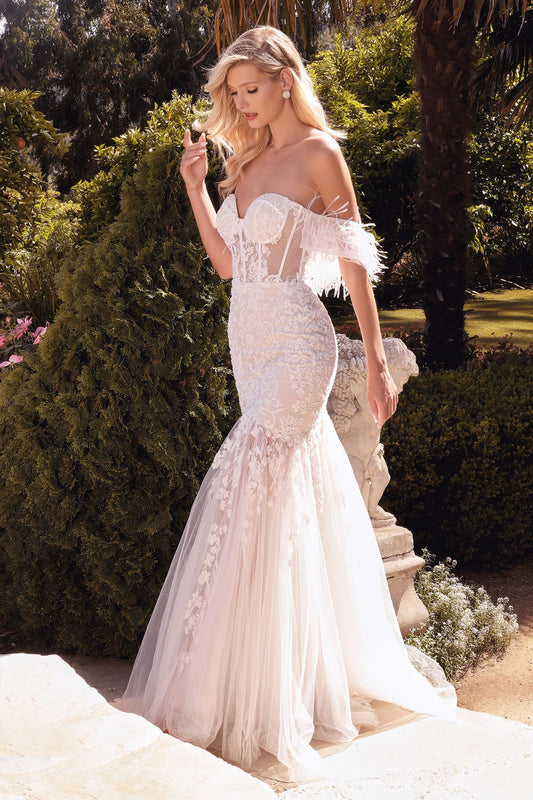 Shimmering mermaid wedding dress with feather cape and intricate lacework