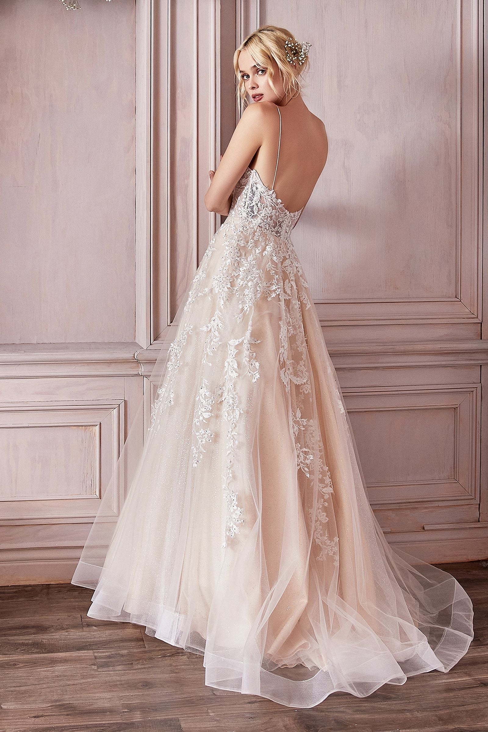 champagne lining dress Strapless Tiered Tulle Wedding Gown With Champagne Lining