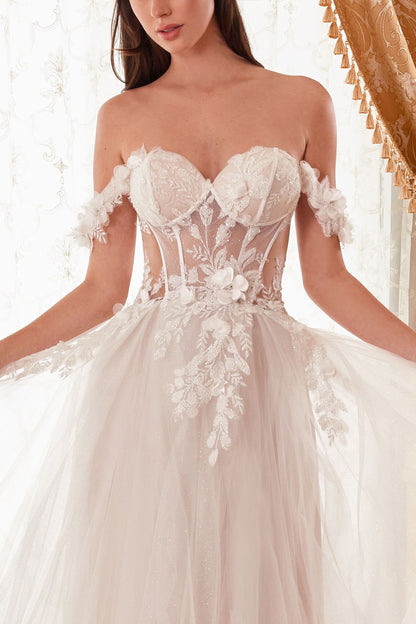 Elegant and whimsical wedding dress with off-white floral applique and layered ball gown silhouette