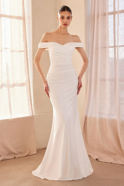The Isolde Gown – Off-the-Shoulder Stretch Satin Fitted Wedding Dress