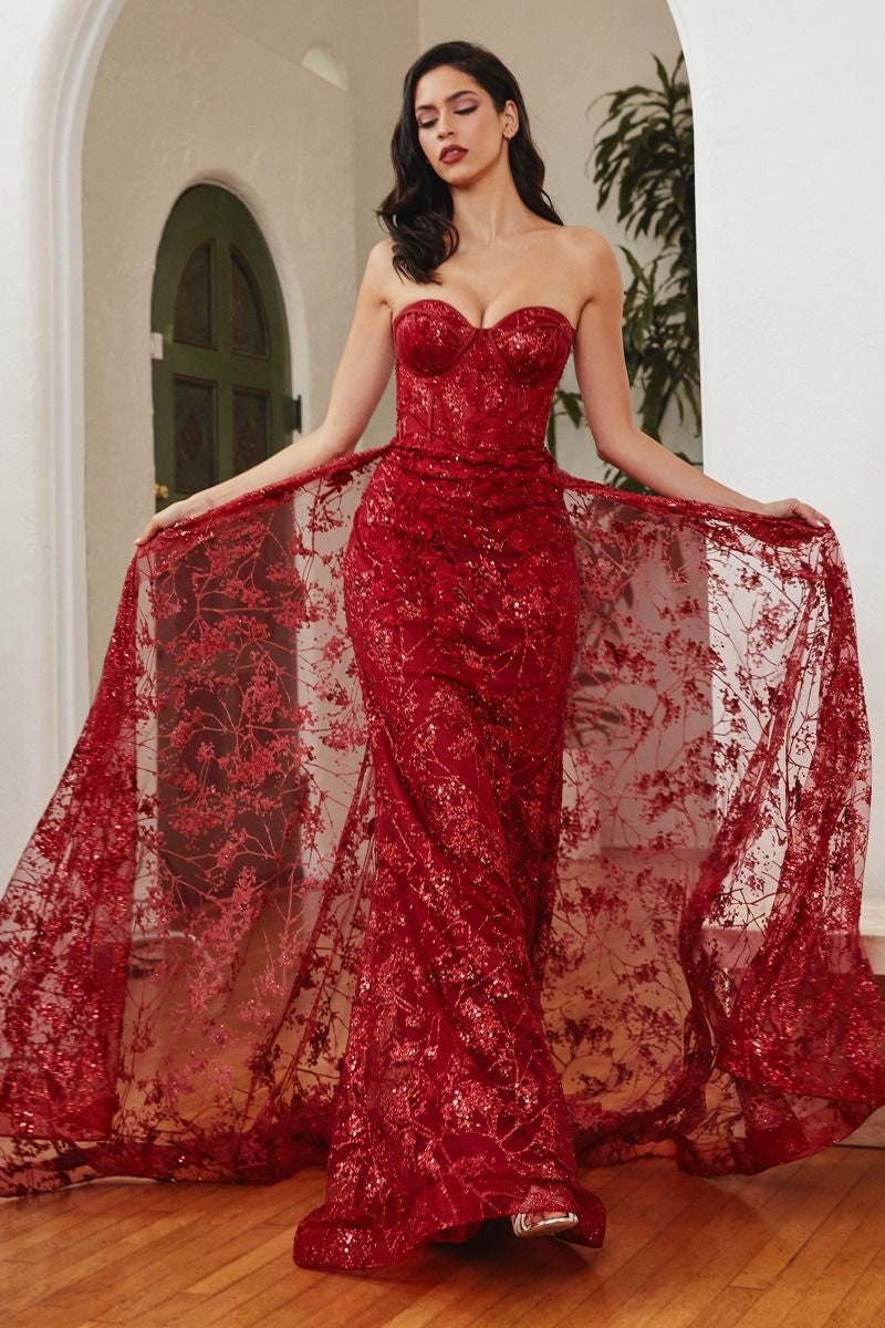 red Hourglass-contouring strapless mermaid gown with a boned bodice corset.