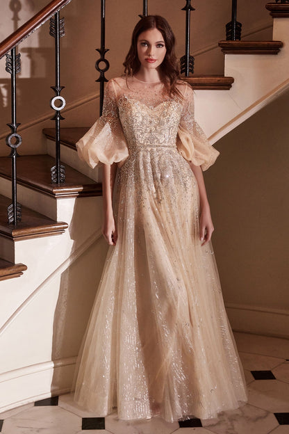 long sleeves sparkling gold long dress