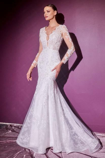 Captivating wedding gown with a plunging neckline, keyhole back, and illusion sleeves adorned with lace appliqués and faux pearl button loop fastenings