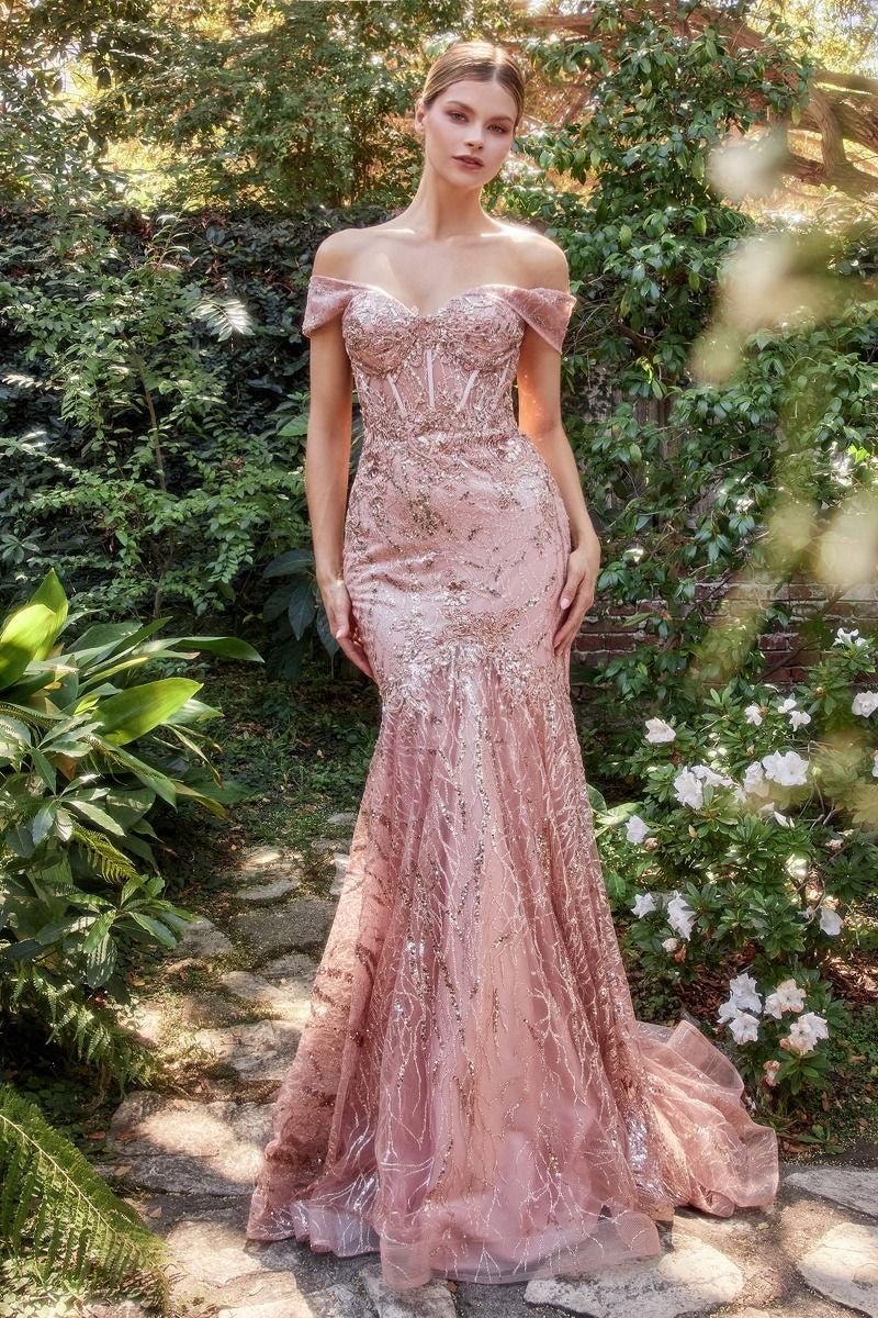 Pink Blush Glamorous fitted gown featuring an off-the-shoulder neckline