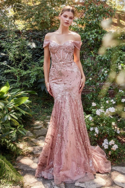 Pink Blush Glamorous fitted gown featuring an off-the-shoulder neckline