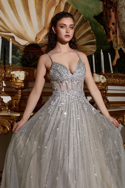 sparkling silver beaded evening dress