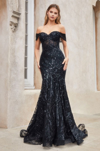 Black fitted mermaid gown with an off-the-shoulder neckline and shimmering fabric