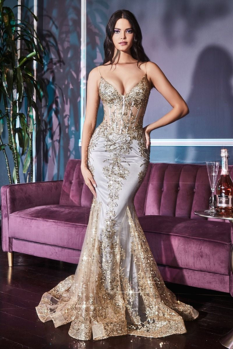 Sophisticated spaghetti strap mermaid gown with lace appliqués