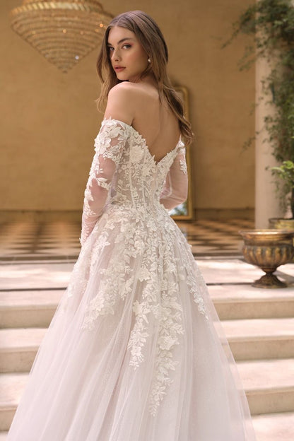 The Evangeline Gown – Romantic Off-the-Shoulder Ball Gown with Floral Lace & Glitter Tulle