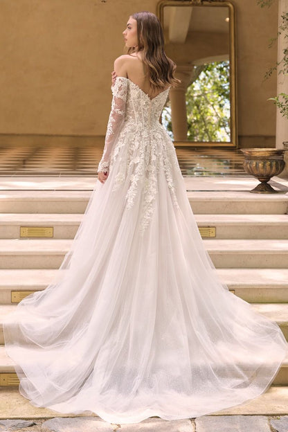 The Evangeline Gown – Romantic Off-the-Shoulder Ball Gown with Floral Lace & Glitter Tulle