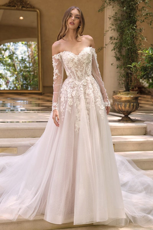 The Evangeline Gown – Romantic Off-the-Shoulder Ball Gown with Floral Lace & Glitter Tulle