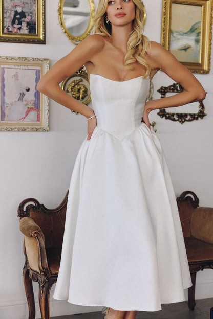 The Aurelia Dress – Modern Strapless Mikado Midi Bridal Gown