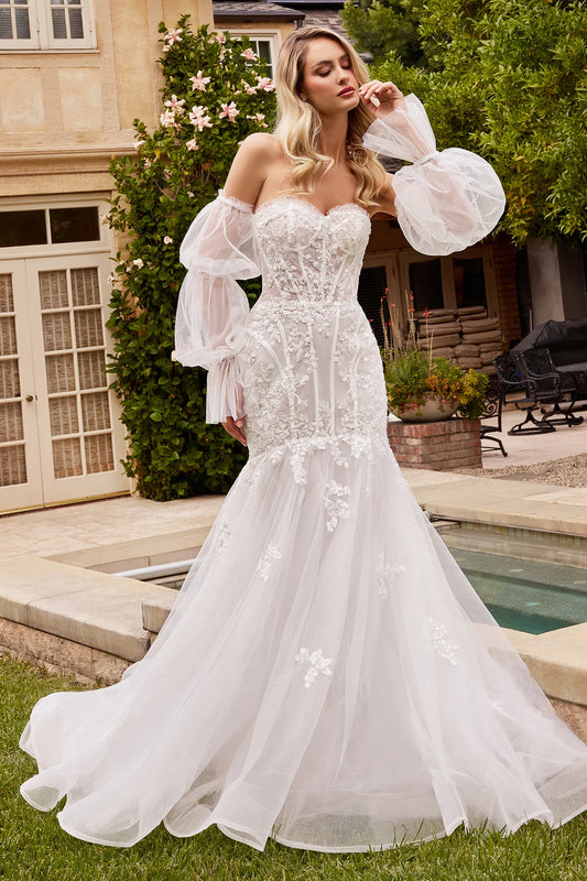 Enchanting organza mermaid wedding dress with delicate lace appliques