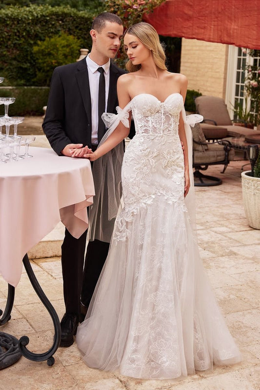 Bridal gown with intricate lace detailing and a romantic tulle skirt