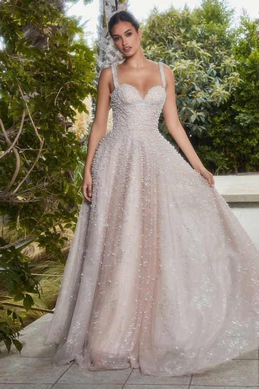 Luxurious ball gown adorned with pearls, perfect for formal events or as an elegant bridal alternative