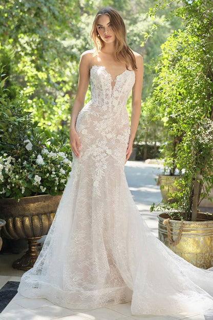 Camillie Fit & Flare Wedding Dress with Lace & Plunging Neckline