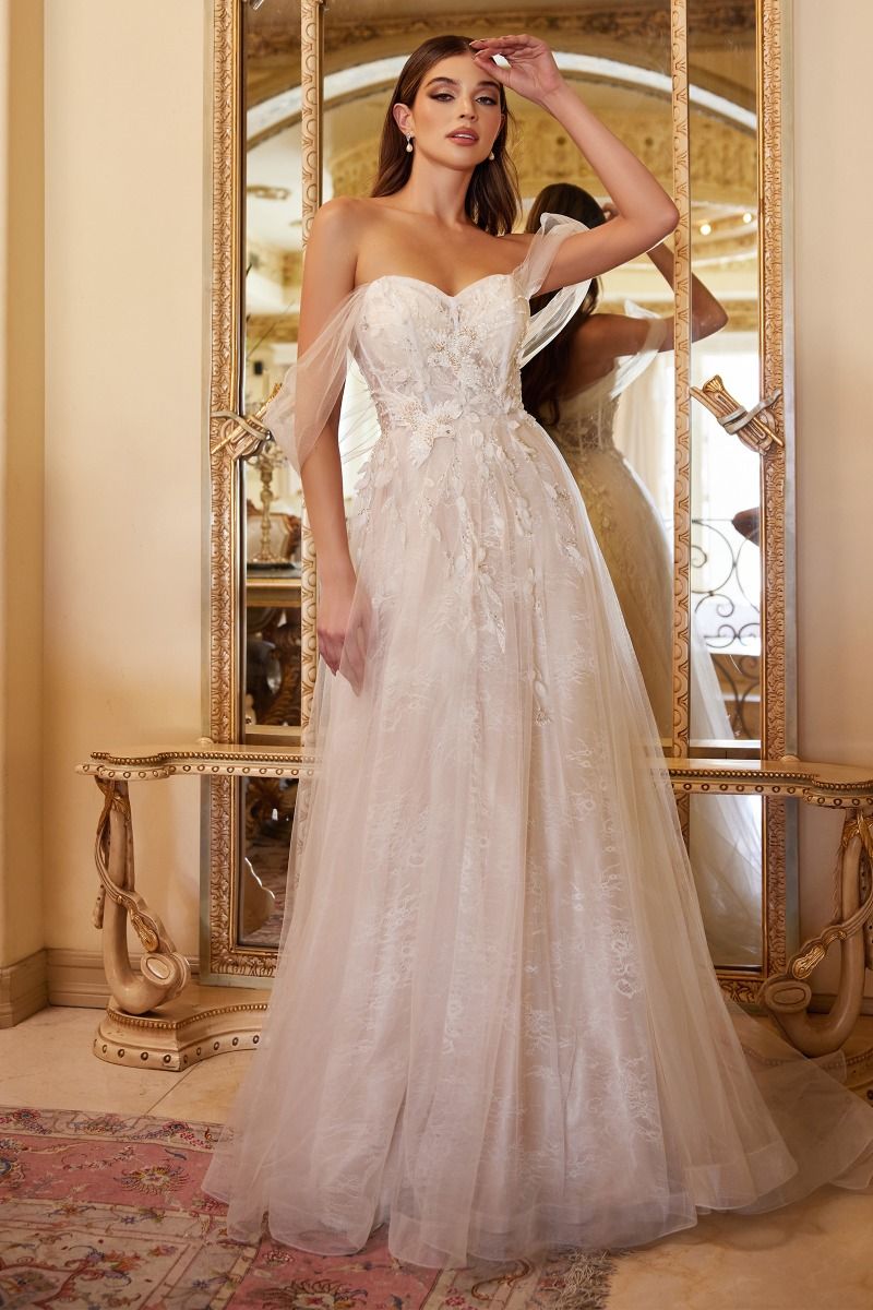Unique wedding dress with glass-bead birds, 3D leaf details, and a choice of off-the-shoulder or sweetheart style