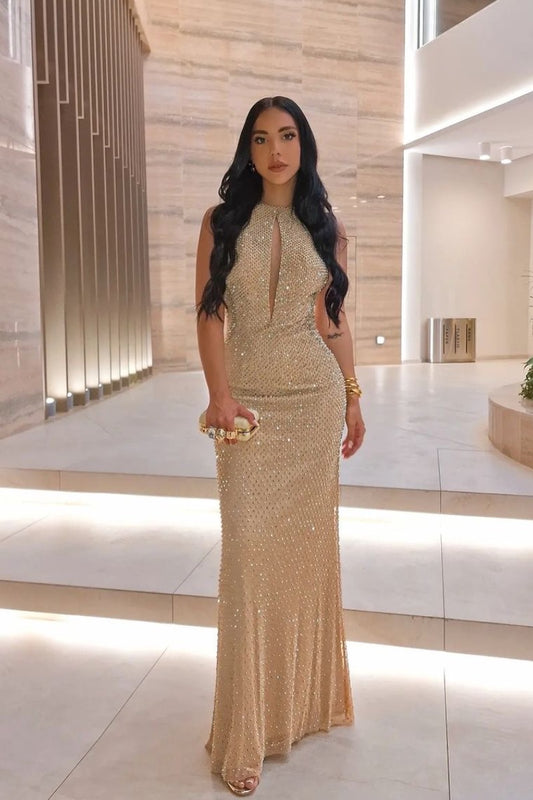 gold beaded maxi long nude dress