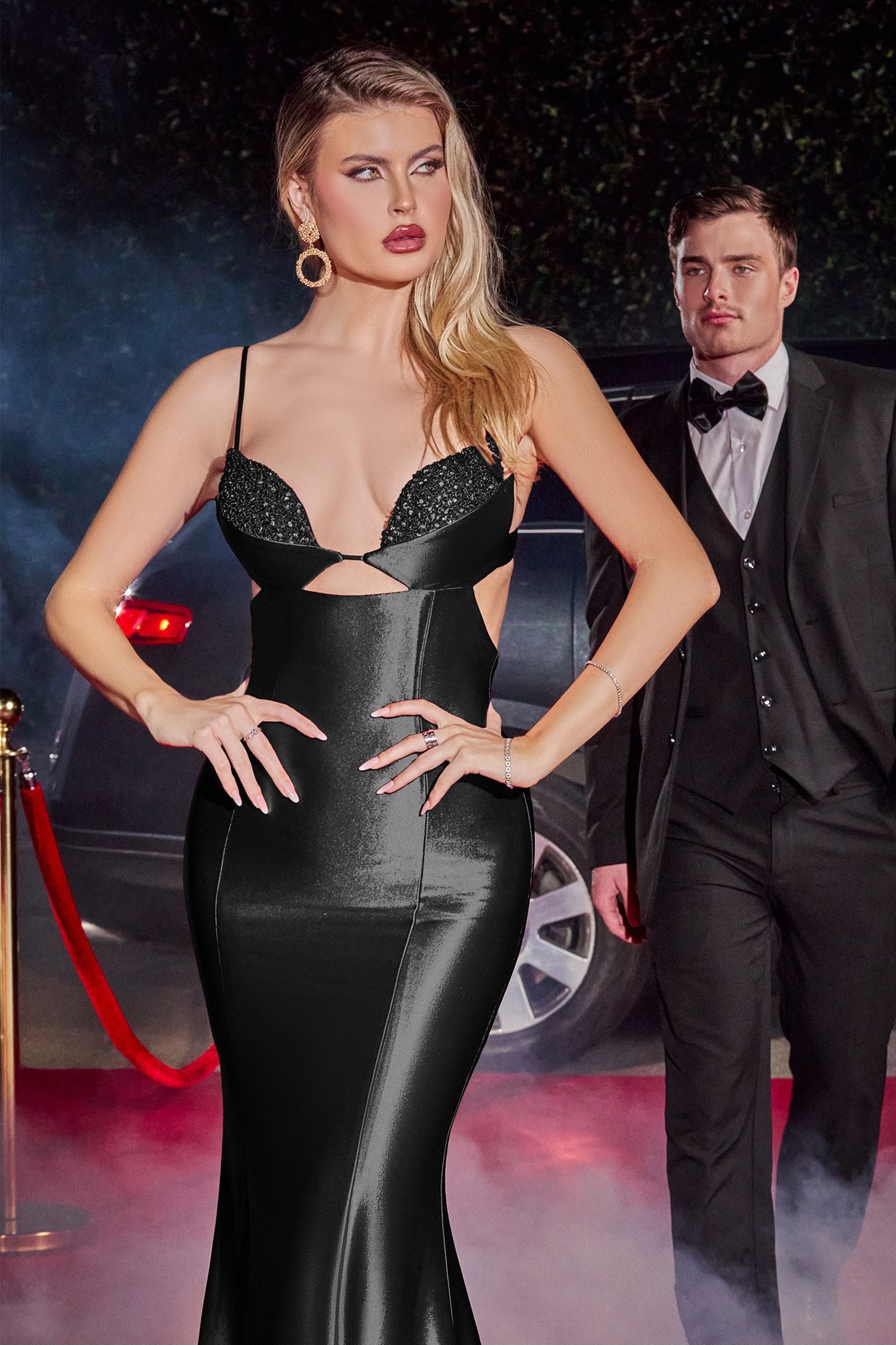 black Satin sexy gown dress with embellished bodice for prom night 