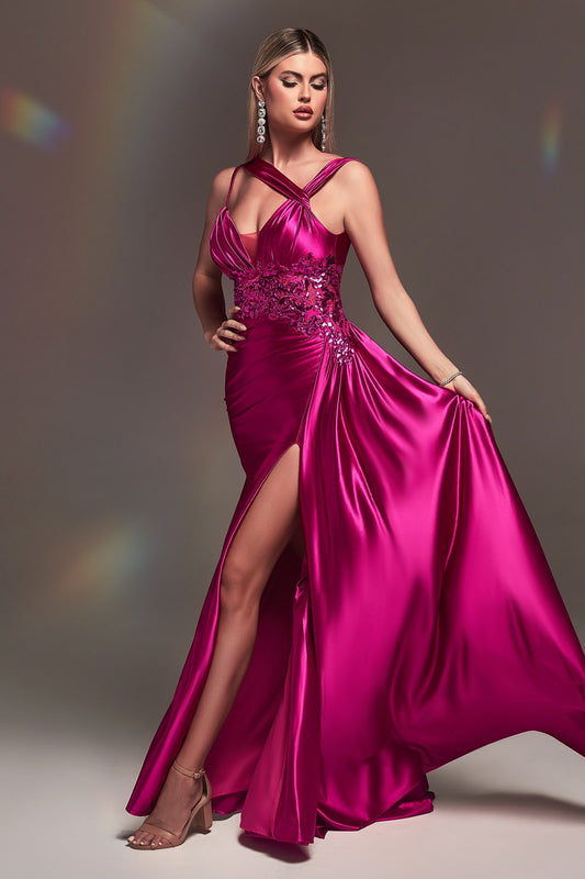 magenta Sexy prom dress gown with luxury satin fabric style