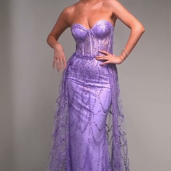 Classy and alluring strapless mermaid gown for any occasion with glitters in lavender color